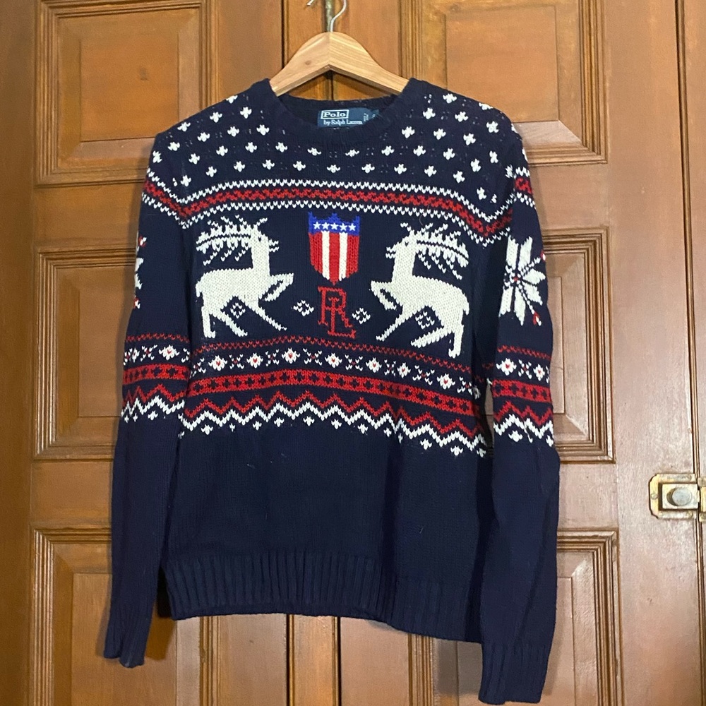 POLO RALPH LAUREN Knit Navy Red Weave‎ Deer Snowflake Logo Sz S Sweater VTG RARE